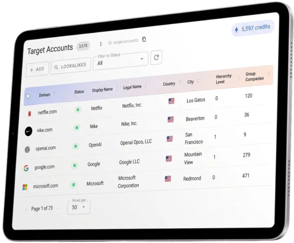 Target Accounts interface showing data management capabilities