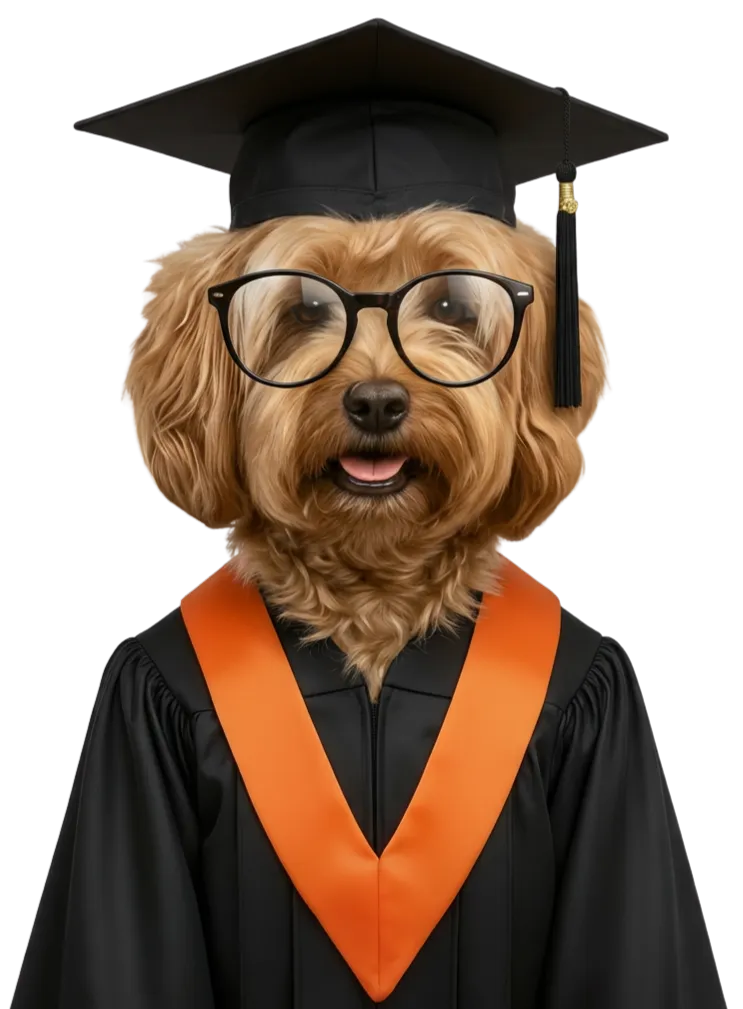 Mascota DataMerge con traje de graduación